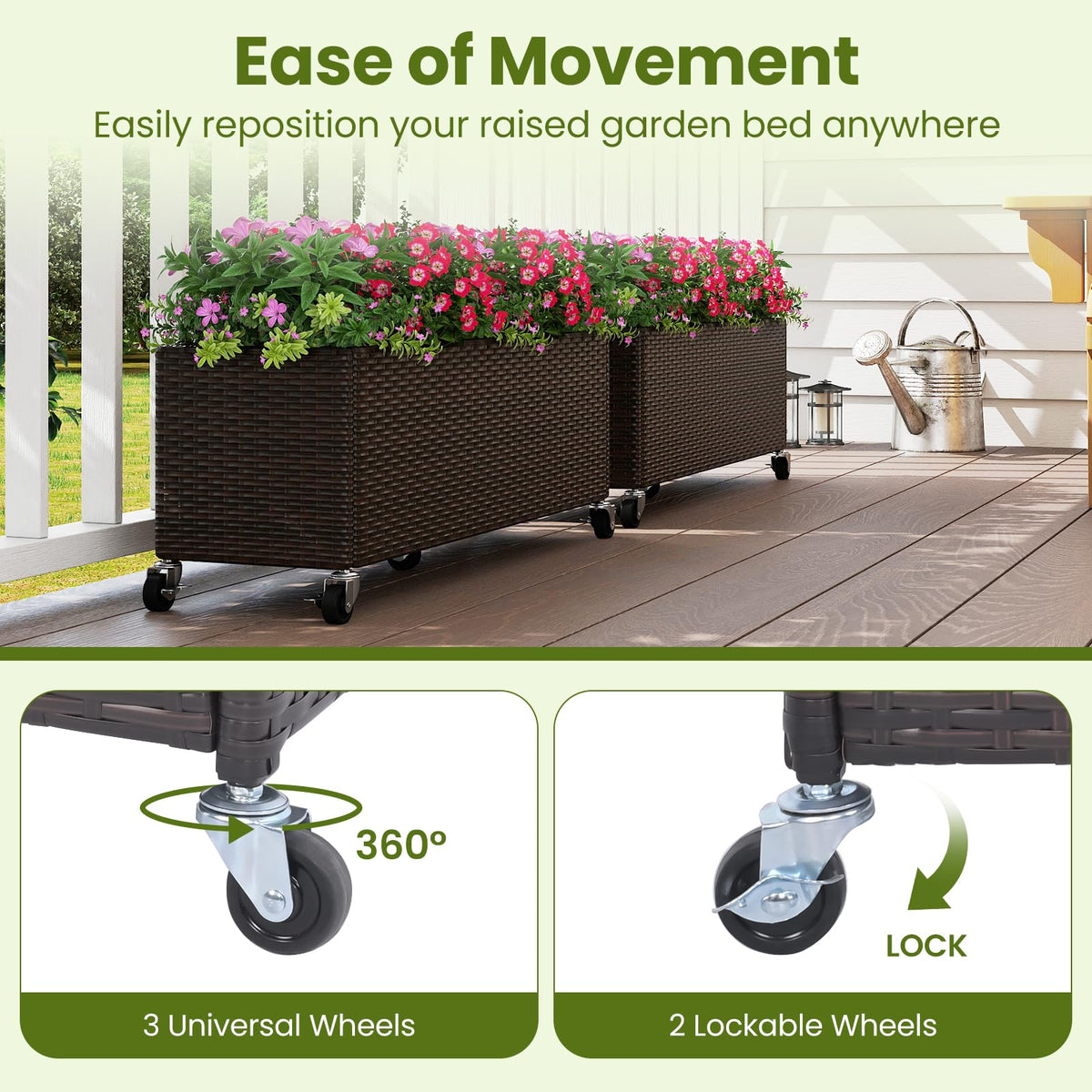 Lucktree 38”x12”x14" Wicker Raised Garden Bed with Wheels