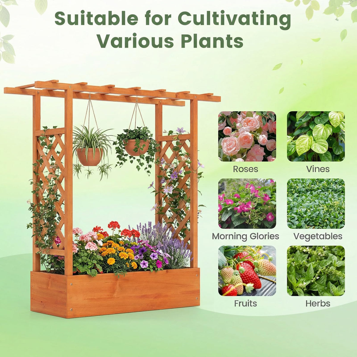 Lucktree Wooden Raised Garden Bed with Trellis & Hanging Roof