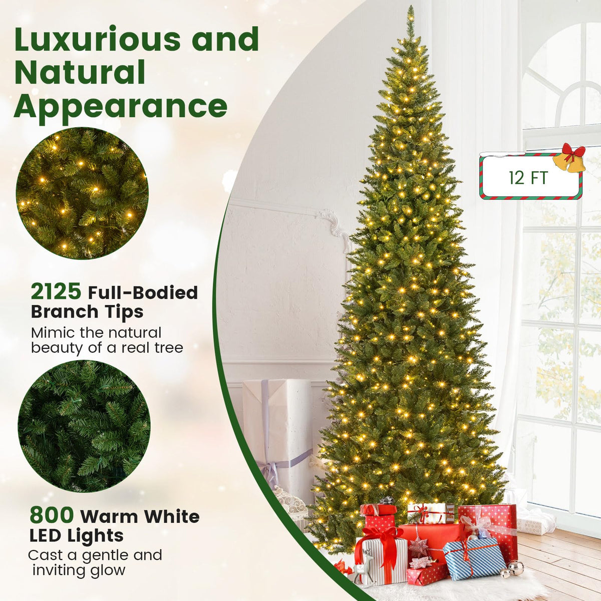 Lucktree 12ft Pre-Lit Artificial Christmas Tree with 360° Quick Power Connector