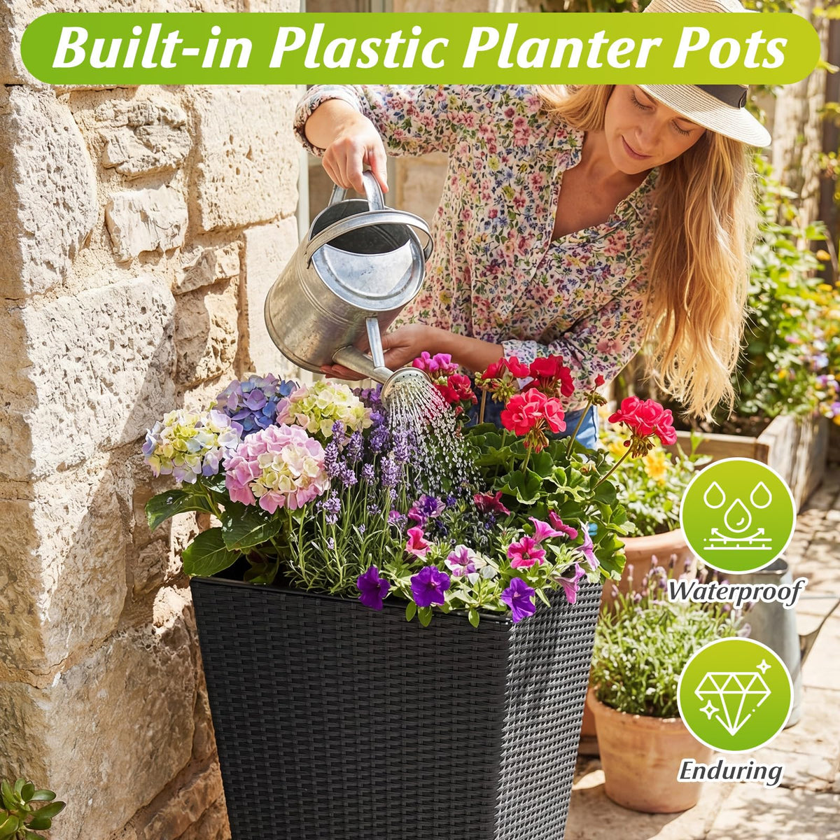 Lucktree 3-Piece Wicker Planters Tapered PP Rattan Plant Boxes with Plastic Flower Pots