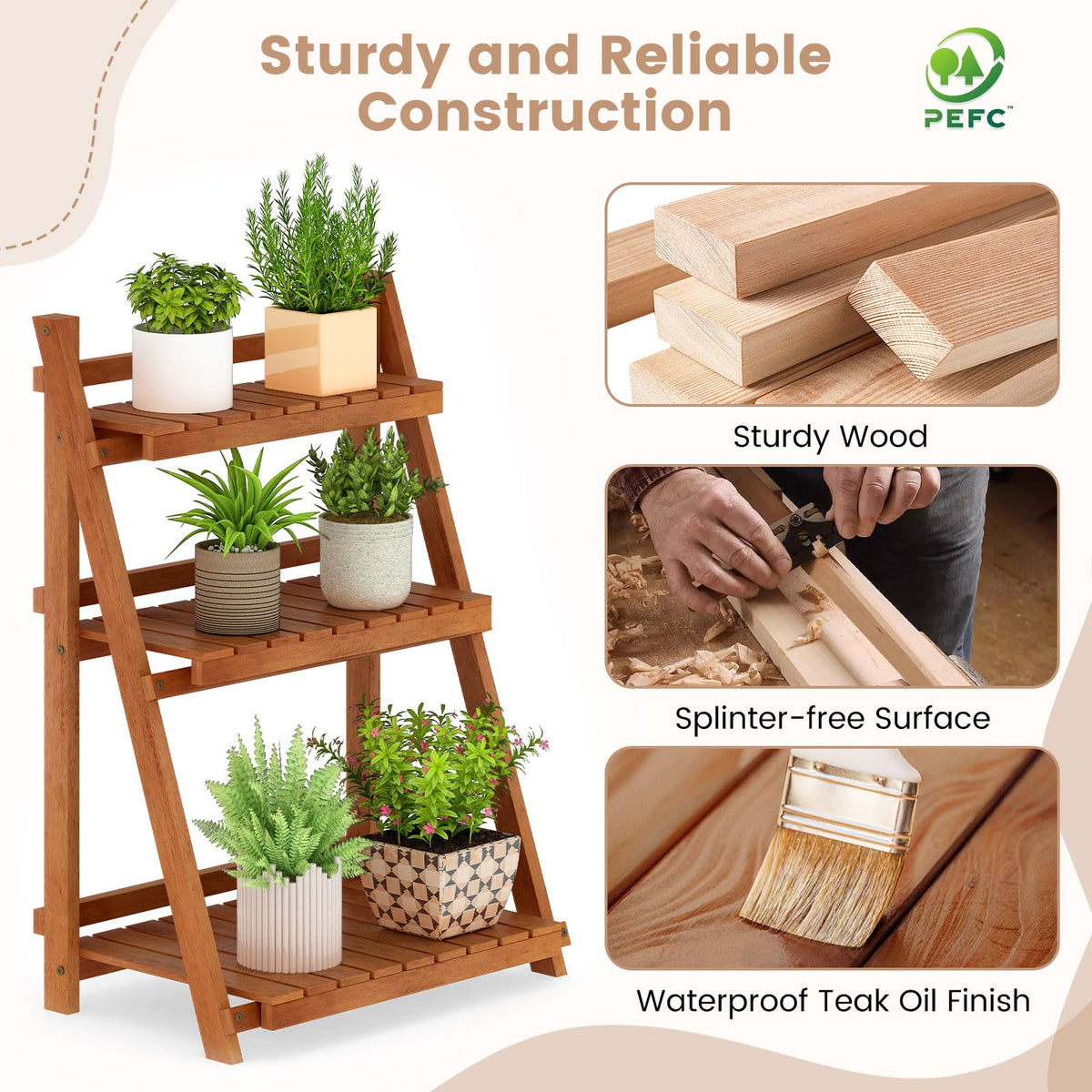 Lucktree Foldable Ladder Plant Shelf 3-Tier Solid Wood Indoor Outdoor Flower Pot Display Rack