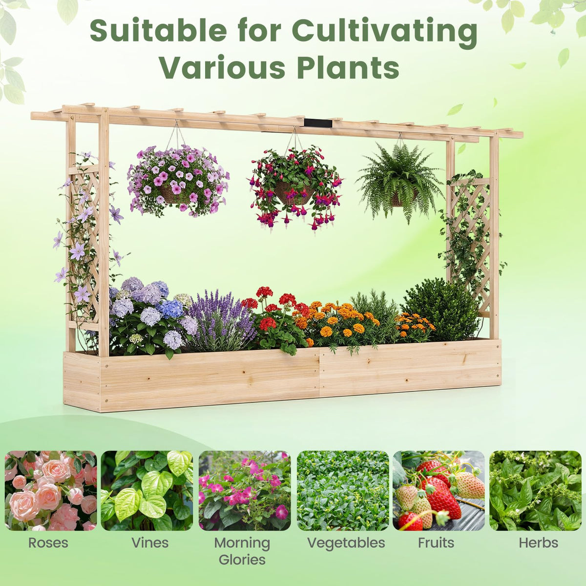 Lucktree Wooden Raised Garden Bed with Trellis & Hanging Roof