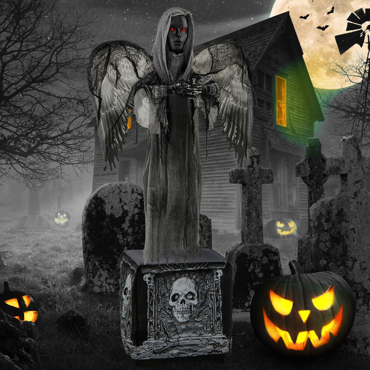 Lucktree 5.5 FT Halloween Animated Praying Angel Statue with Light Up Eyes & Shaking Wings