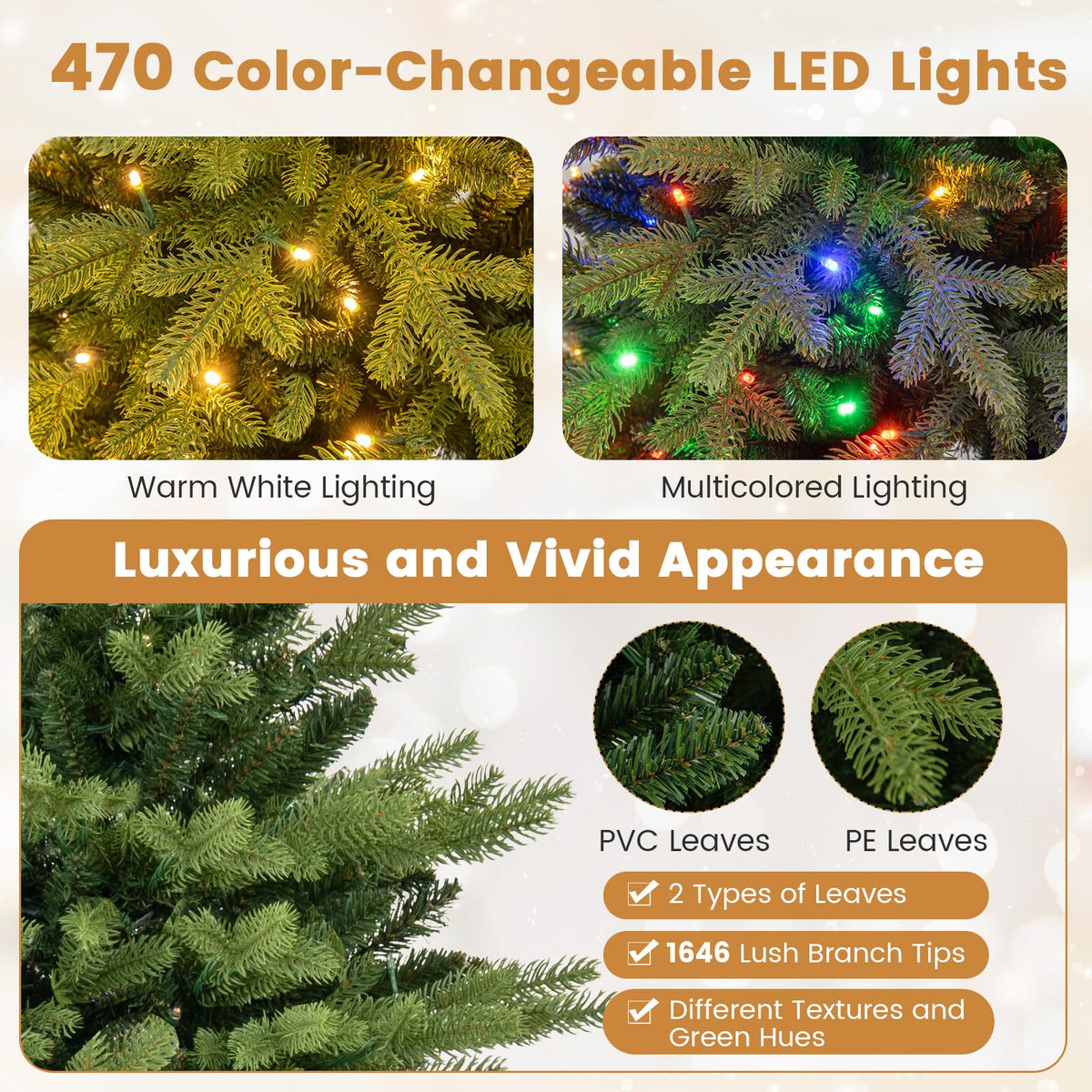 Lucktree 7ft Hinged Xmas Full Tree with 470 Warm White & Multicolored LED Lights