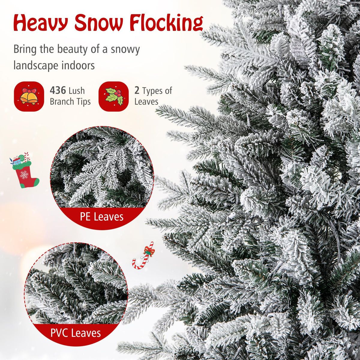 Lucktree 4.5ft Pre-Lit Snow Flocked Christmas Tree, Artificial Hinged Full Xmas Tree with 160 Multicolored LED Lights