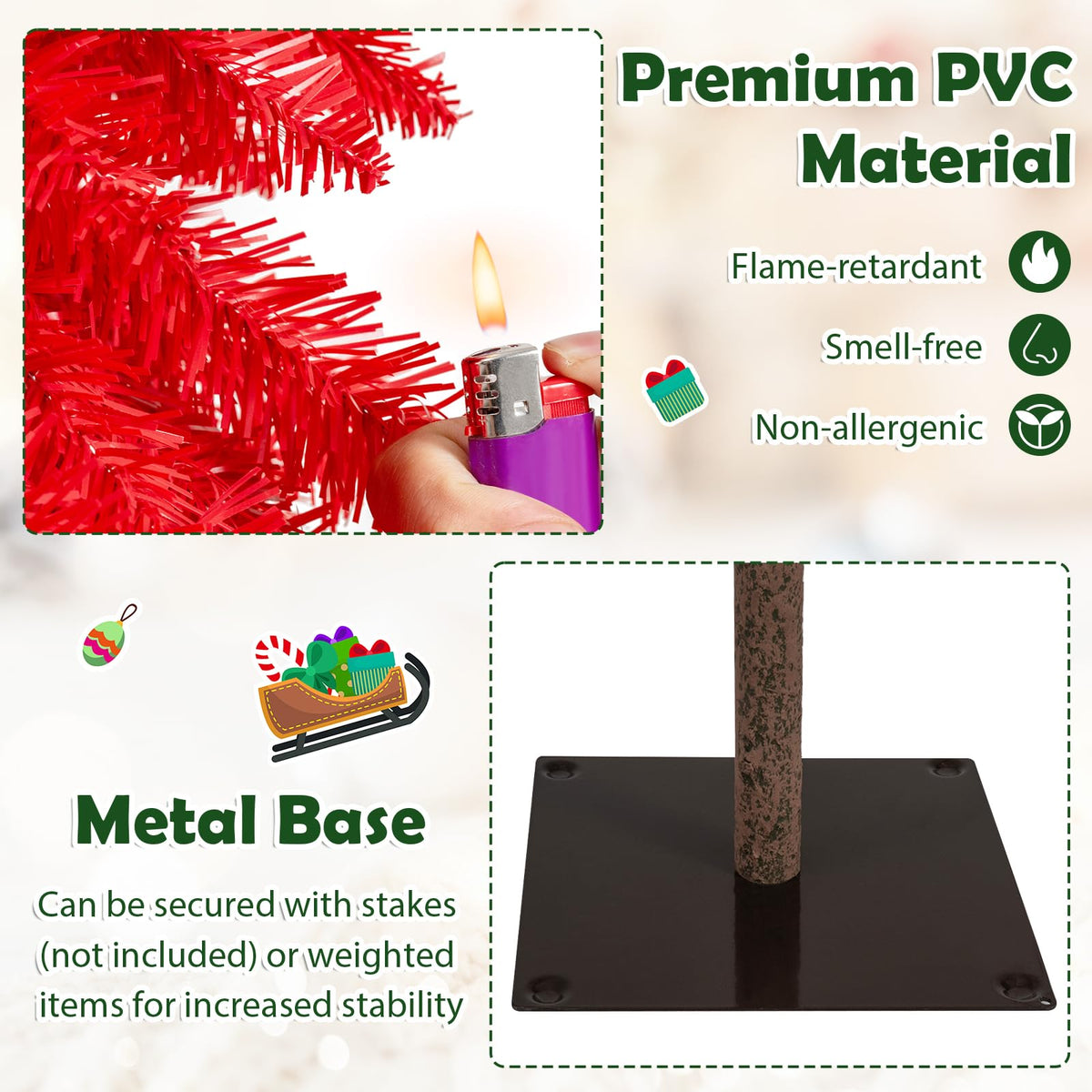 5 FT Artificial Christmas Tree Pre-lit Xmas Trees with 301 Red and White Branch Tips