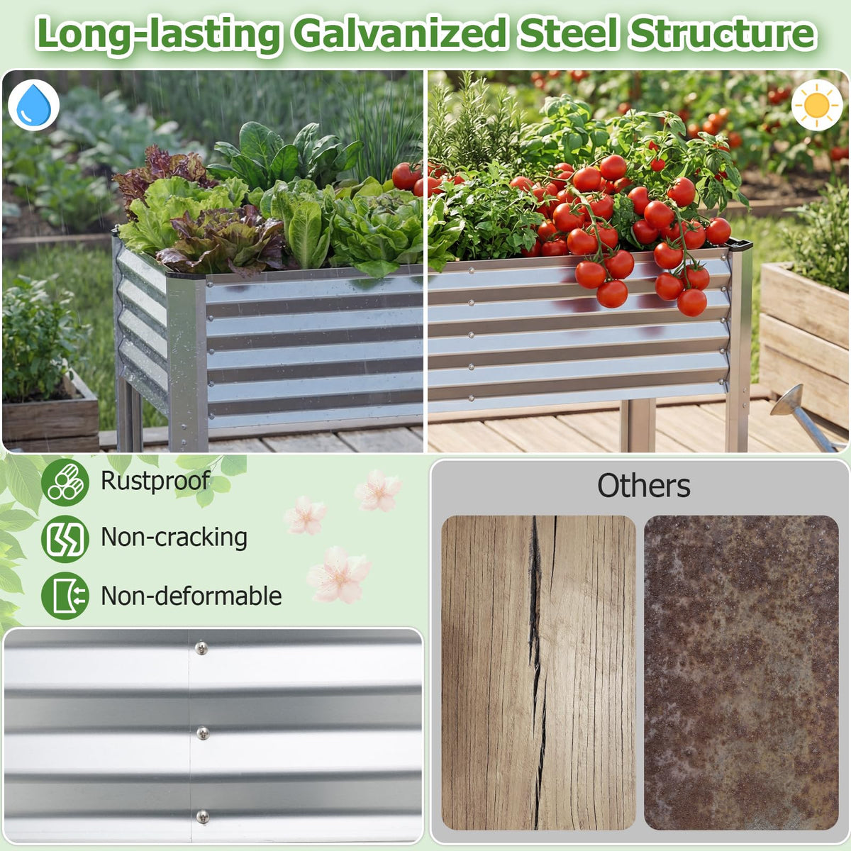 Lucktree Galvanized Raised Garden Bed with Legs Set 1/2 46"x24"x31" Metal Elevated Planter Box