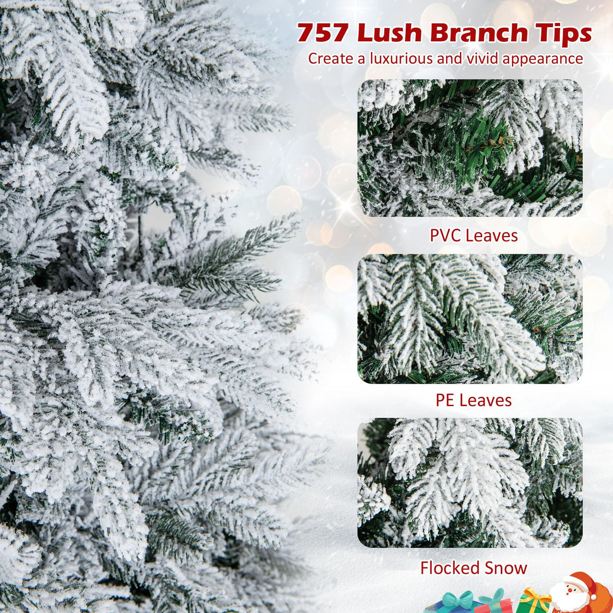 Lucktree Pre-Lit Snow Flocked Christmas Tree, Artificial Hinged Xmas Tree with Branch Tips, PE & PVC Mixed Leaves