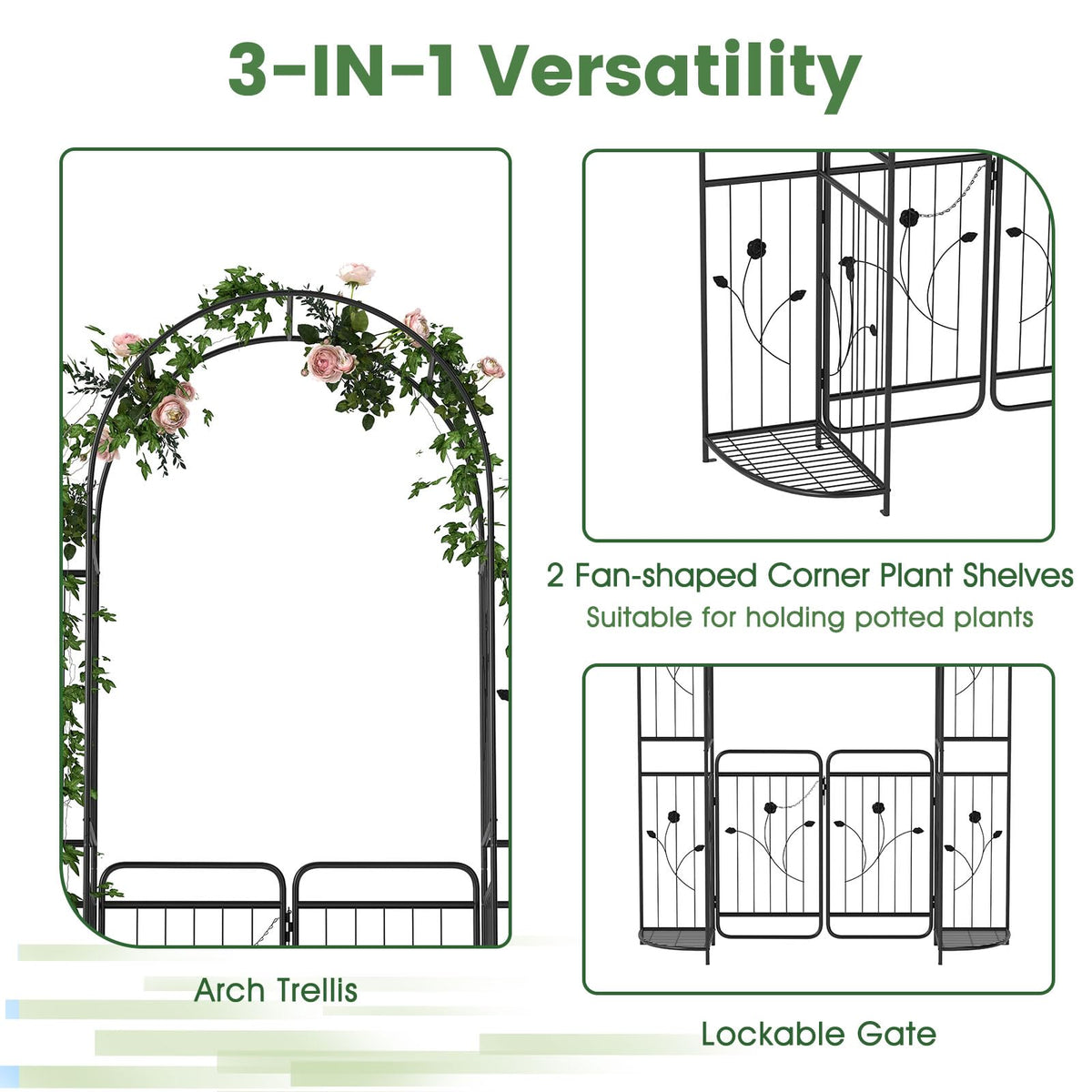 Lucktree 87'' Metal Garden Arbor with Lockable Gate and Planter Shelves