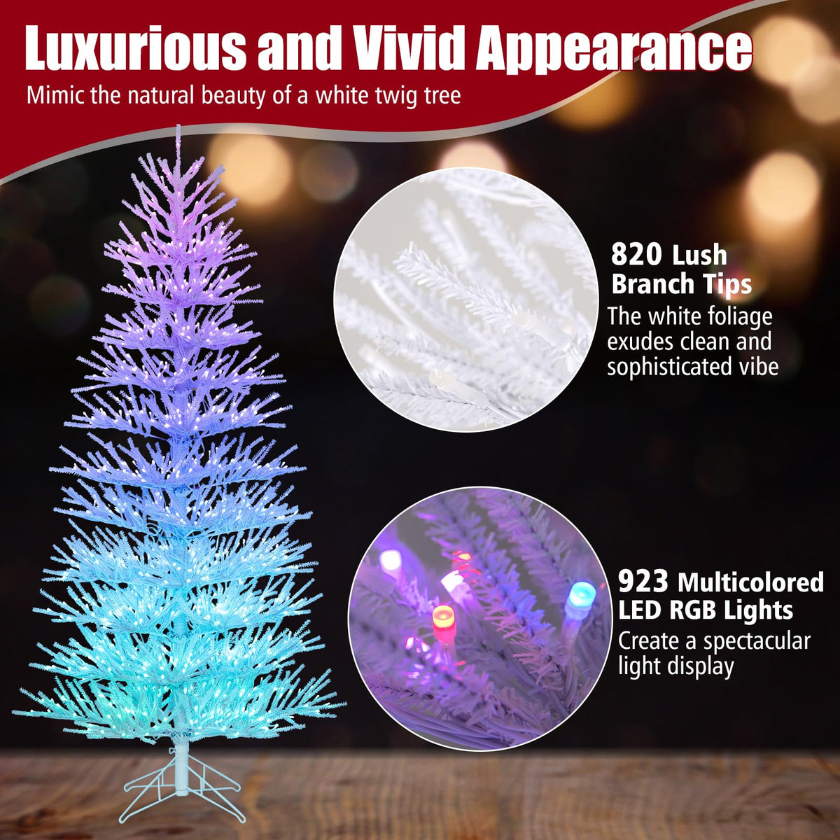 Lucktree 7ft Pre-Lit Artificial Christmas Tree with 923 Multicolored LED RGB Lights