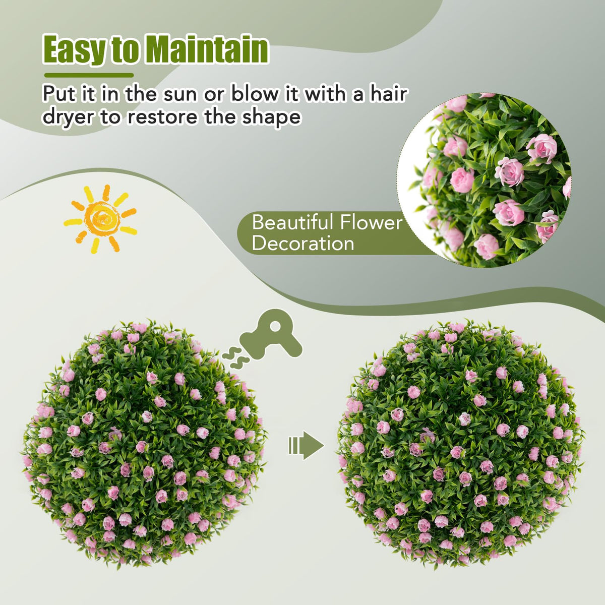 Lucktree 17.5 Inch Topiary Balls Artificial Outdoor Set of 2, Faux Greenery Balls with Pink Flowers