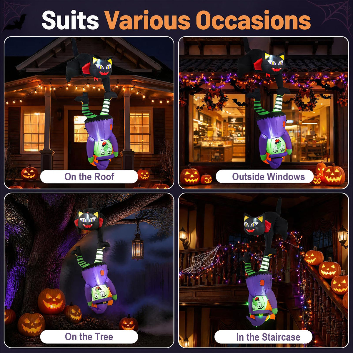 6.2 FT/190 CM Halloween Hanging Inflatable Witch & Black Cat