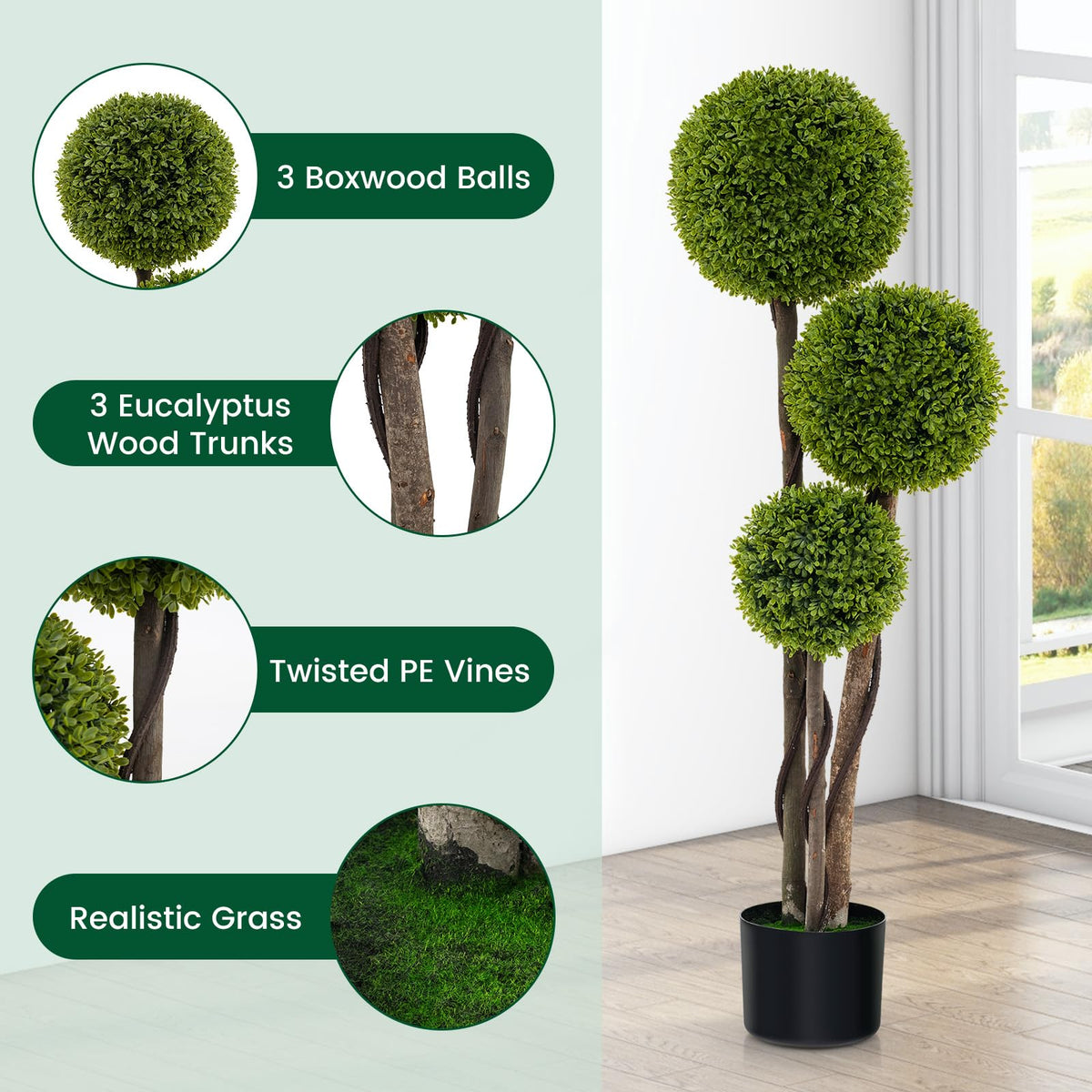 Lucktree 4ft Artificial Boxwood Topiary Ball Tree, Faux Potted Plants Cypress Tree in Weighted Pot with Triple Ball