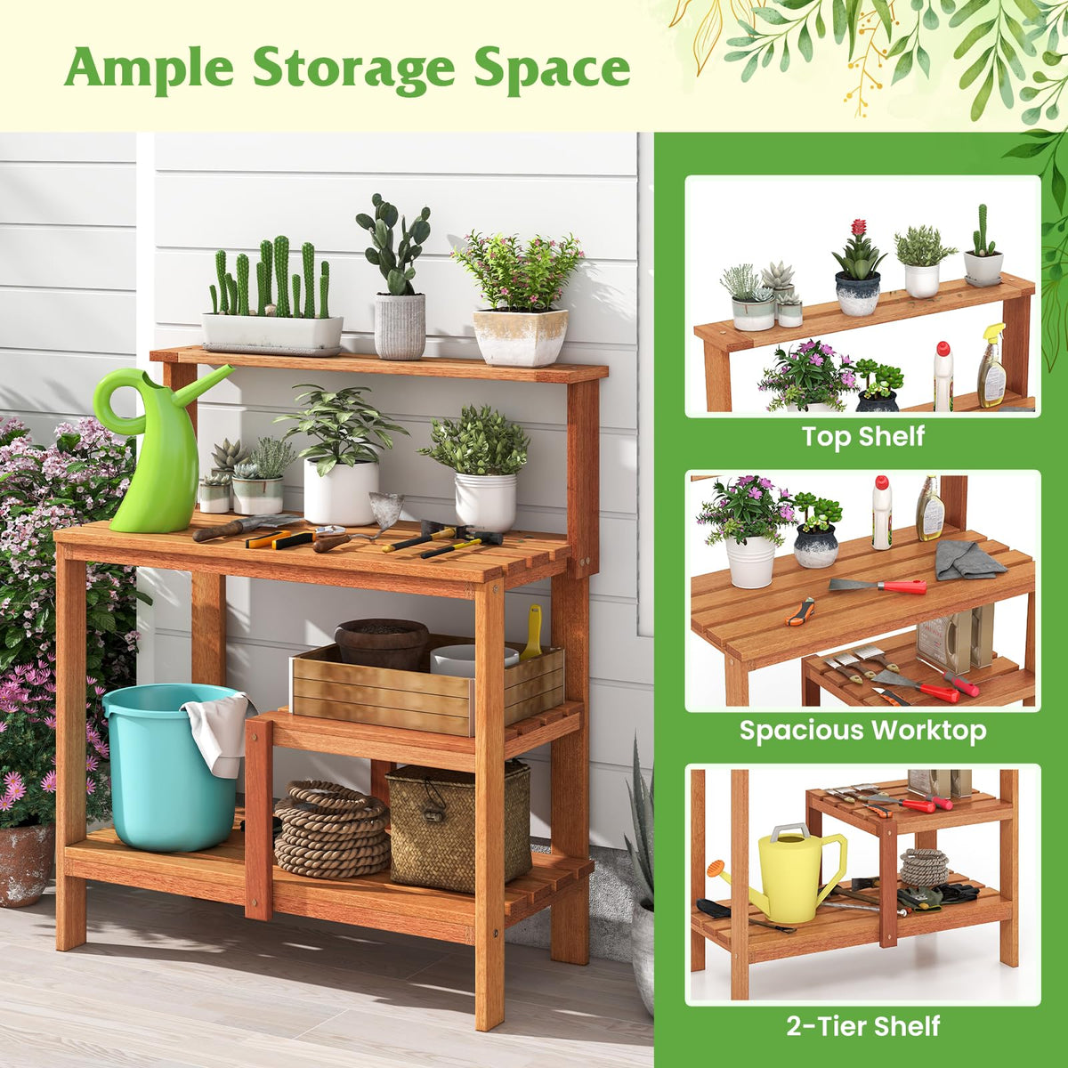 Lucktree 4-Tier Potting Bench, Solid Wood Gardening Workstation w/Open Storage Shelves