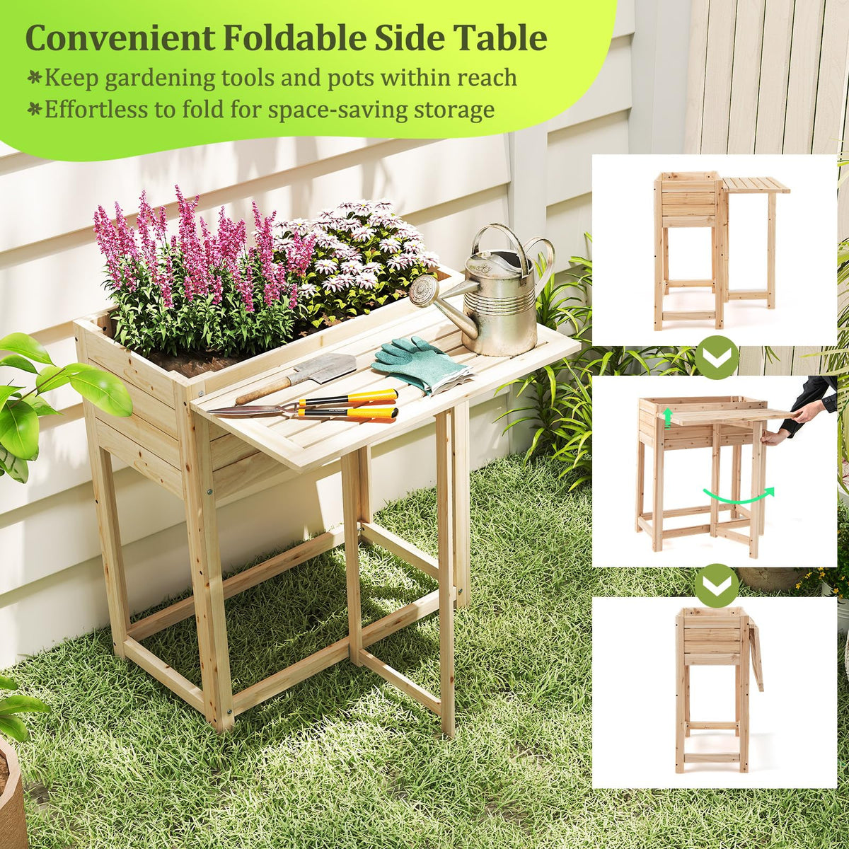 Lucktree Wood Raised Garden Bed w/Folding Drop-Leaf Potting Table