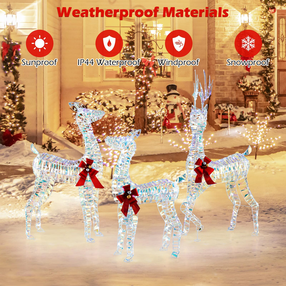 Lucktree 3-Piece Large Lighted Christmas Reindeer Family, Light up Xmas Decorations w/LED Lights & Bows