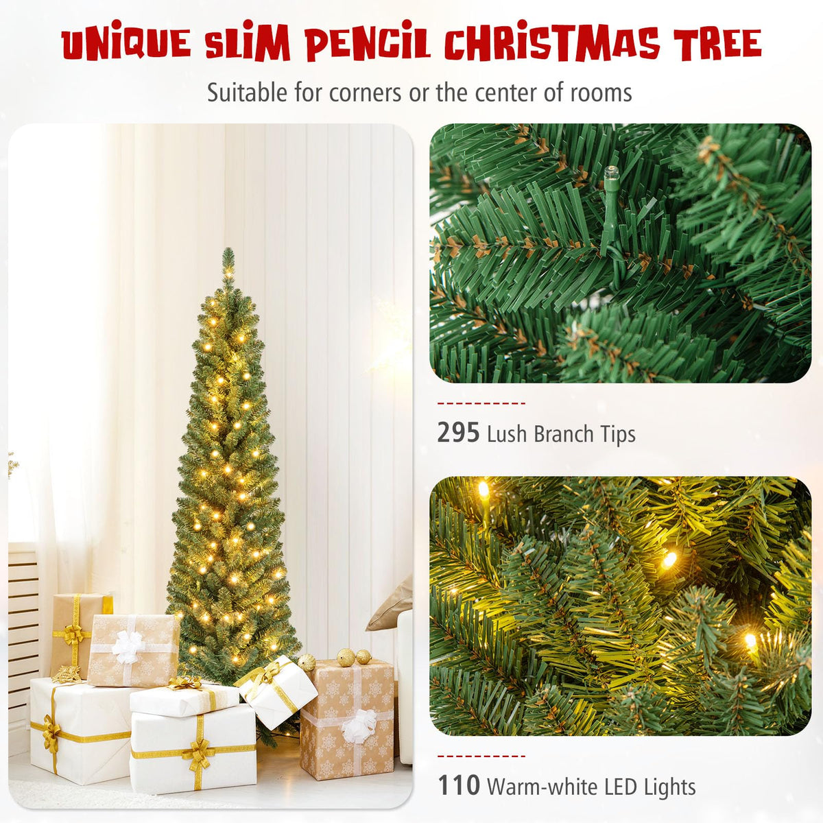 Lucktree Pre-Lit Slim Pencil Christmas Tree Slender Holiday Tree for Home Office Decoration