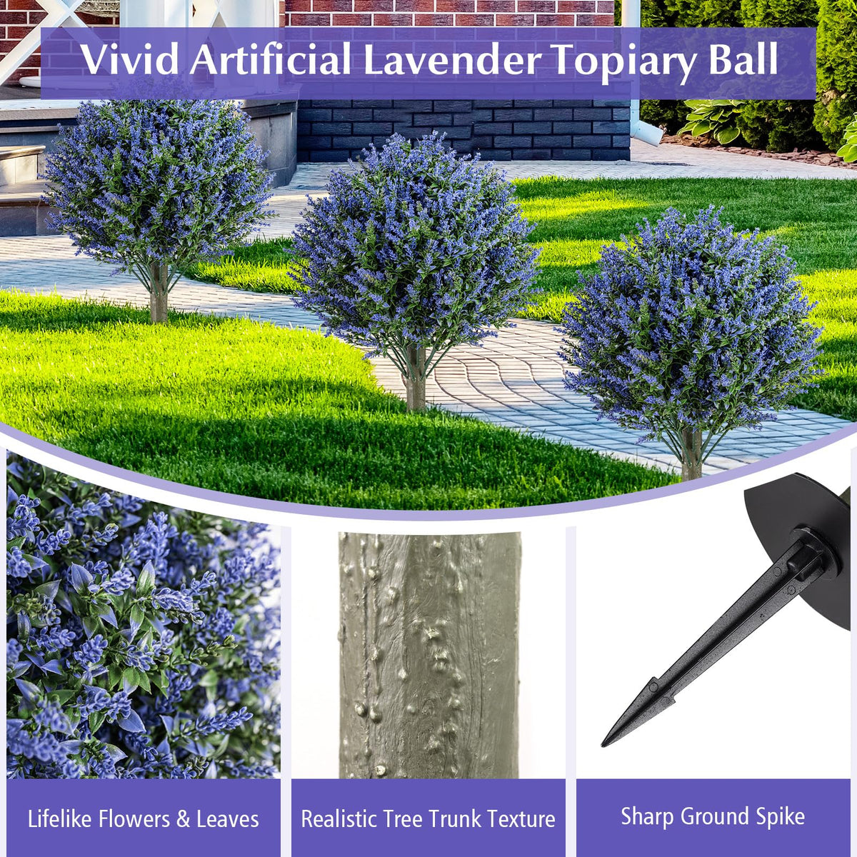 Lucktree Set of 2 Artificial Lavender Topiary Ball Trees | Sun-Proof Indoor Outdoor Fake Evergreen Plants