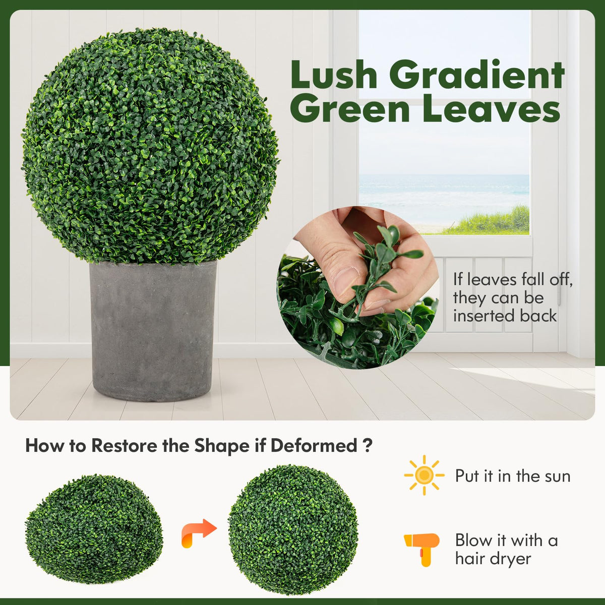 Lucktree 2 PCS 20 Inch Artificial Plant Topiary Ball, Round Faux Boxwood Balls Outdoor