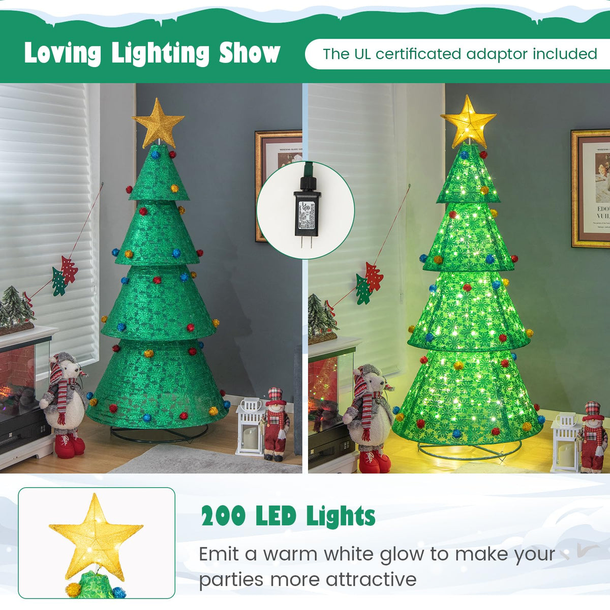 Lucktree 6.5 FT Pop-Up Lighted Christmas Tree, Artificial Xmas Tree with 200 Warm White LED Lights