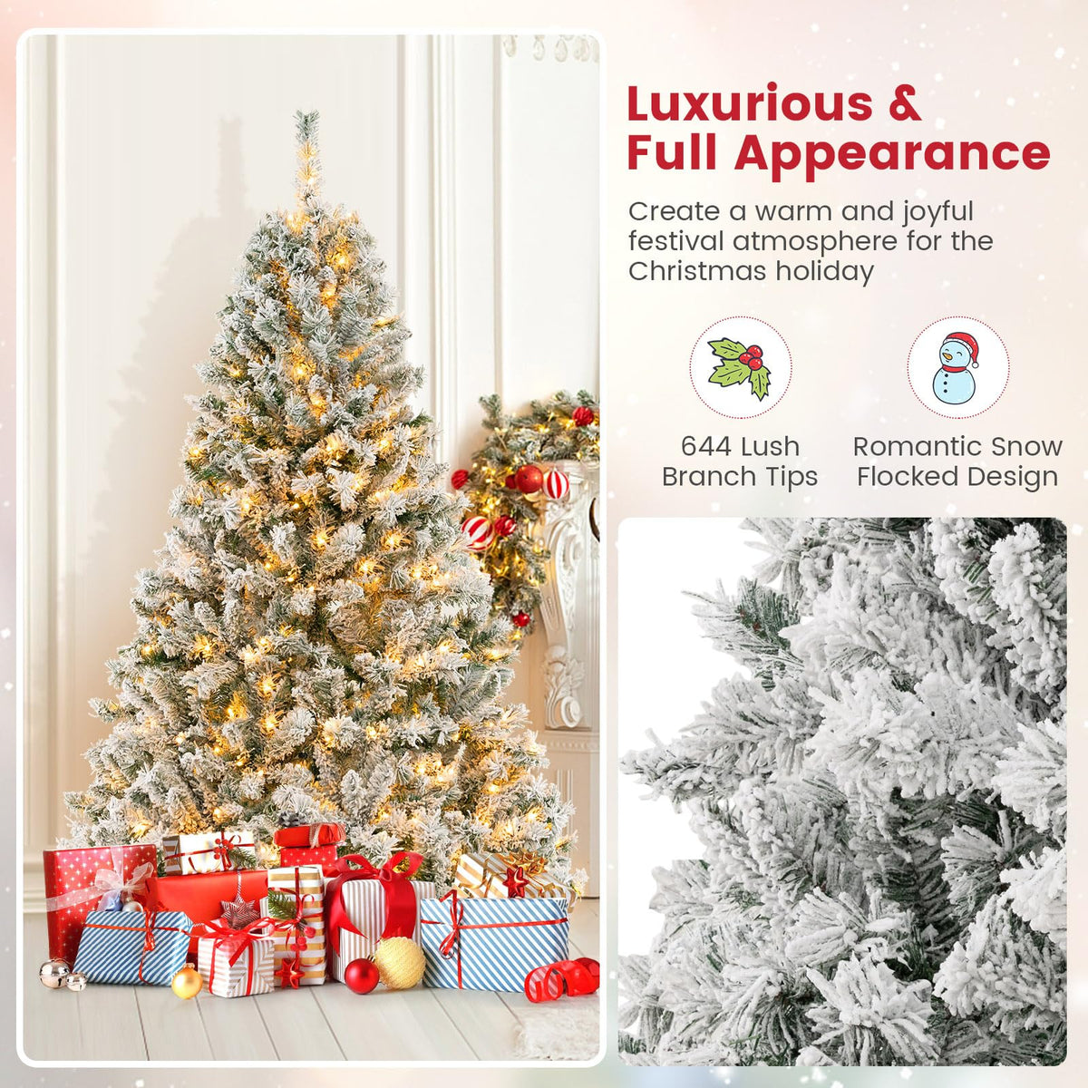 Lucktree 3-Minute-Setup Pre-Lit Snow Flocked Christmas Tree Artificial Hinged Xmas Tree