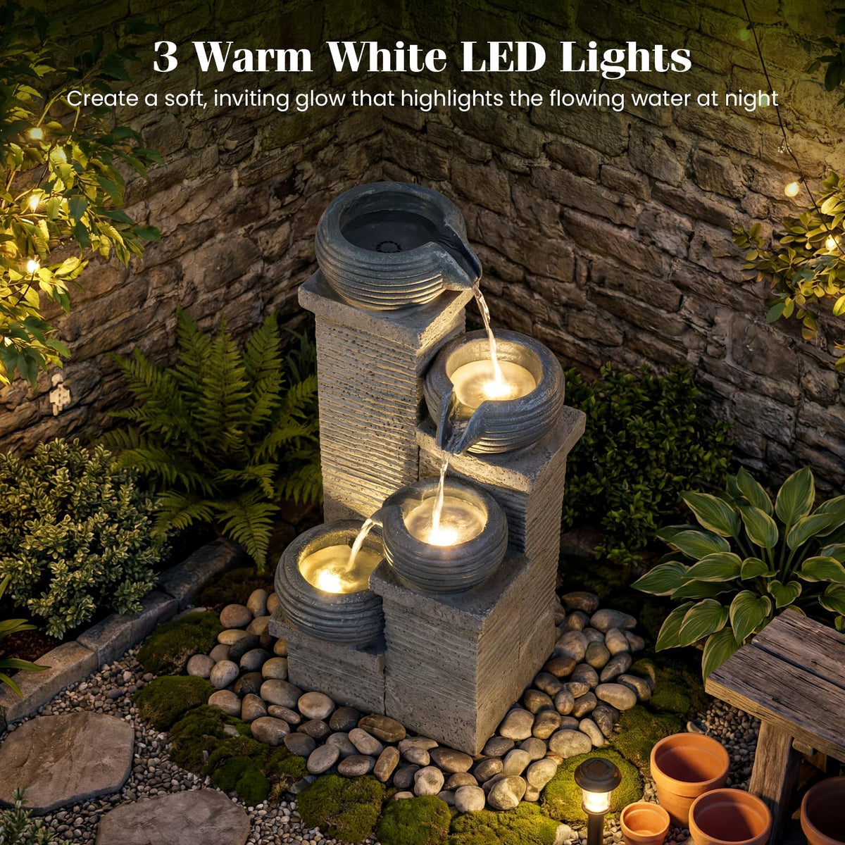 Lucktree 4-Tier Water Fountain Outdoor with Warm LED Lights & Pump