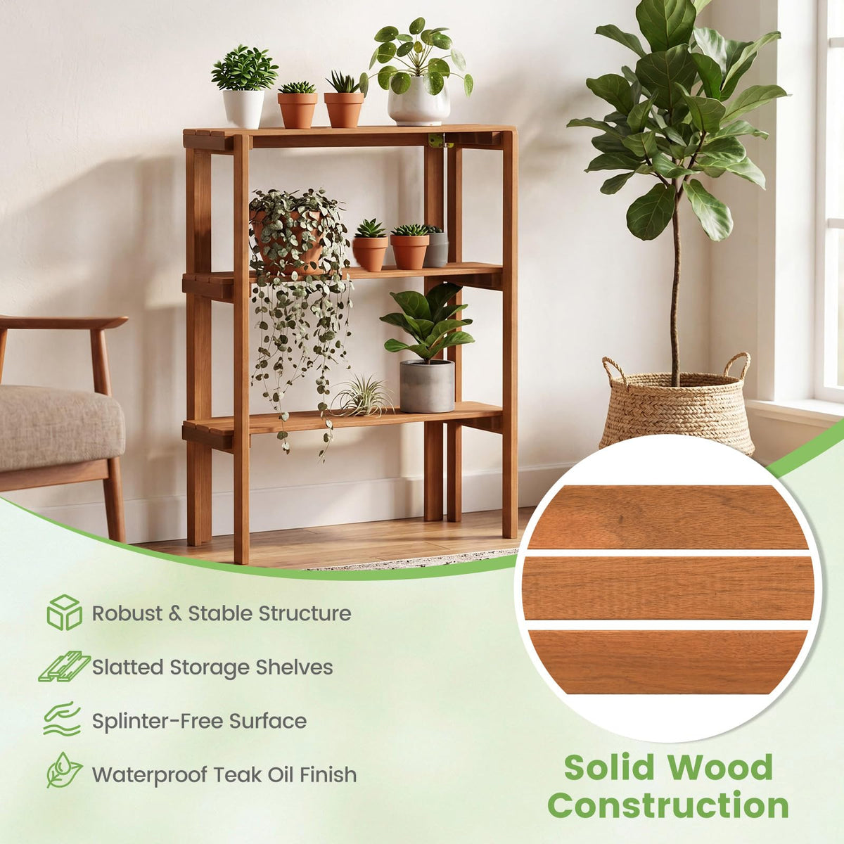 Lucktree 3-Tier Foldable Solid Wood Indoor Outdoor Flower Pot Display Rack