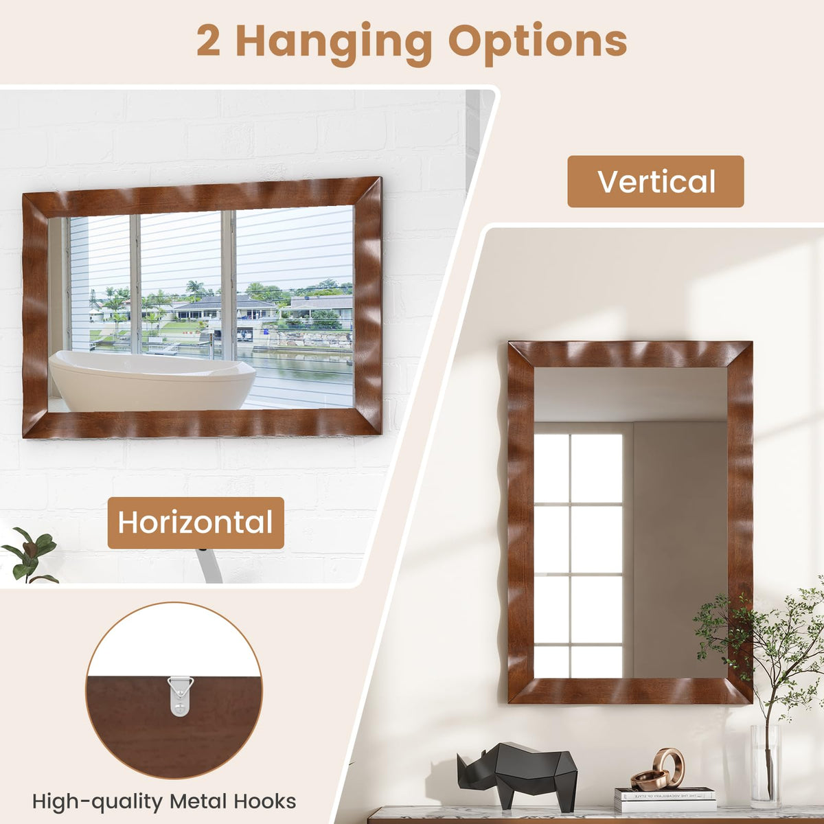 Lucktree 41.5" x 28" Farmhouse Wall Mirror, Rubber Wood Rustic Style Wall Mirror