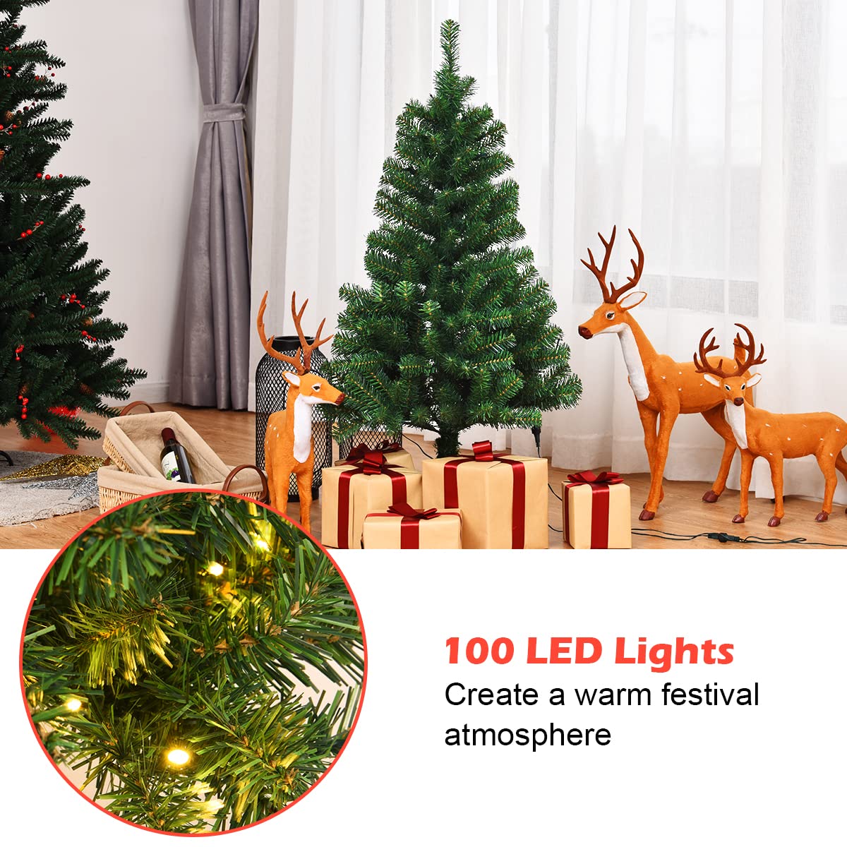 4ft Pre-Lit Christmas Tree, Artificial PVC Xmas Tree with 100 Warm White LED Lights and Stable Triangular Stand - LucktreeUS