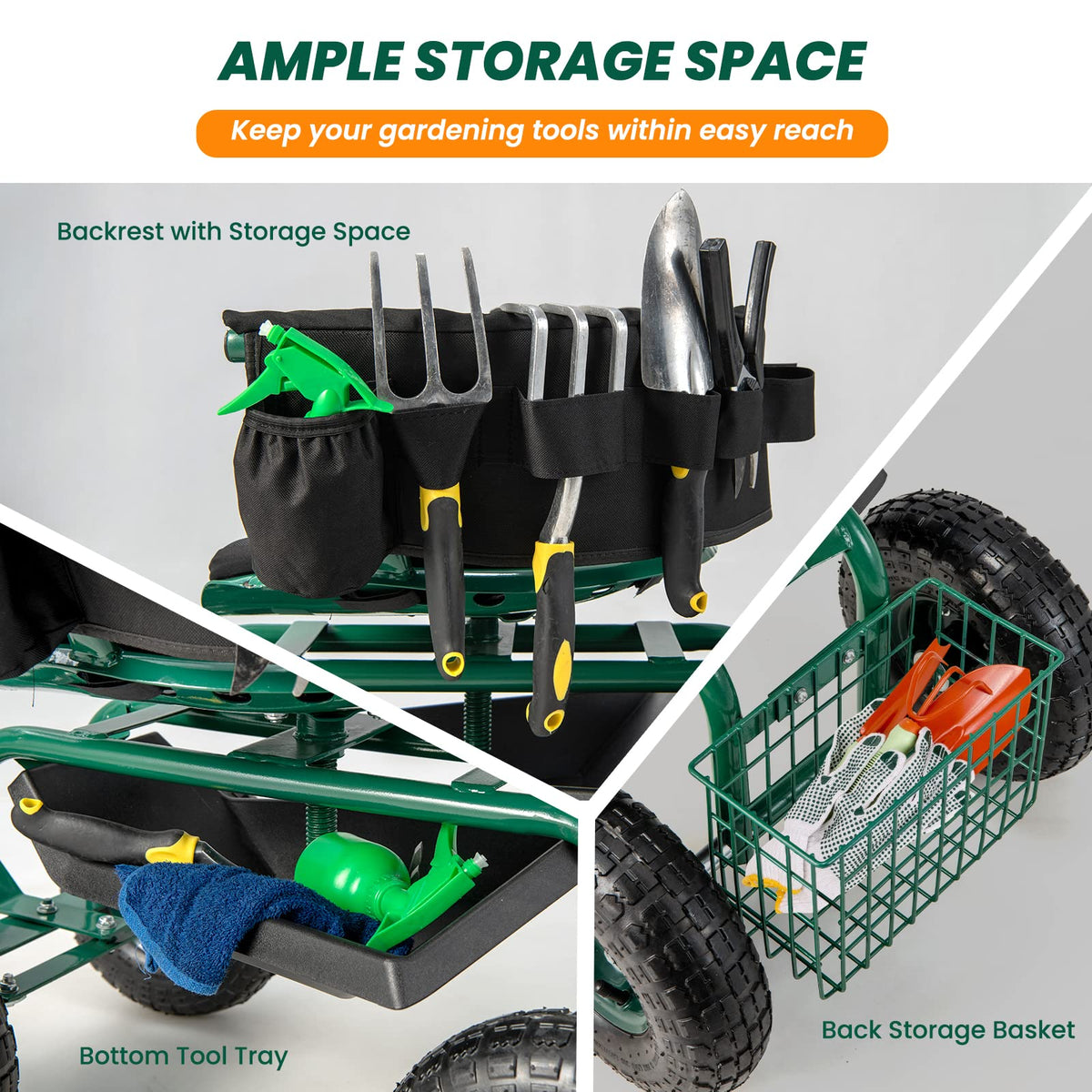 Lucktree Garden Cart, Rolling Workseat with 4 Wheels, Tool Tray, Removable Cushion, Storage Basket