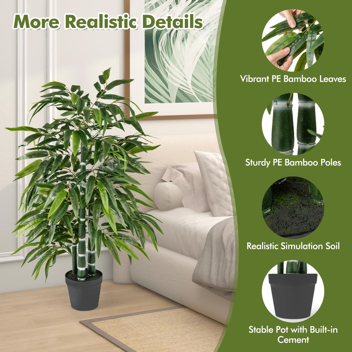Lucktree Artificial Bamboo Tree, 50" Tall Set of 2 Fake Bamboo Plant with 3 PE Bamboo Trunk & Flush Leaves