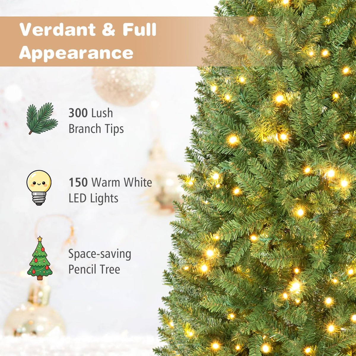 5/6/7 FT Pre-lit Pencil Christmas Tree, Artificial Slim Xmas Tree