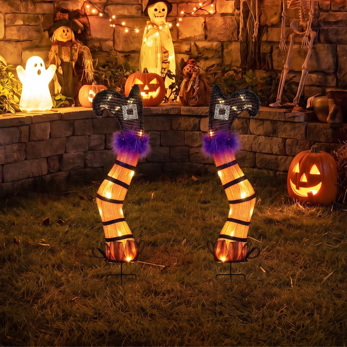 Set of 2 Halloween Lighted Witch Legs Decorations with Stakes