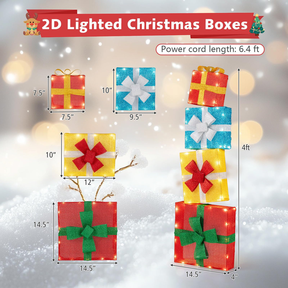 Lucktree 4 Ft Lighted Gift Boxes Stackable, Pre-lit Xmas Boxes Decoration w/LED Lights