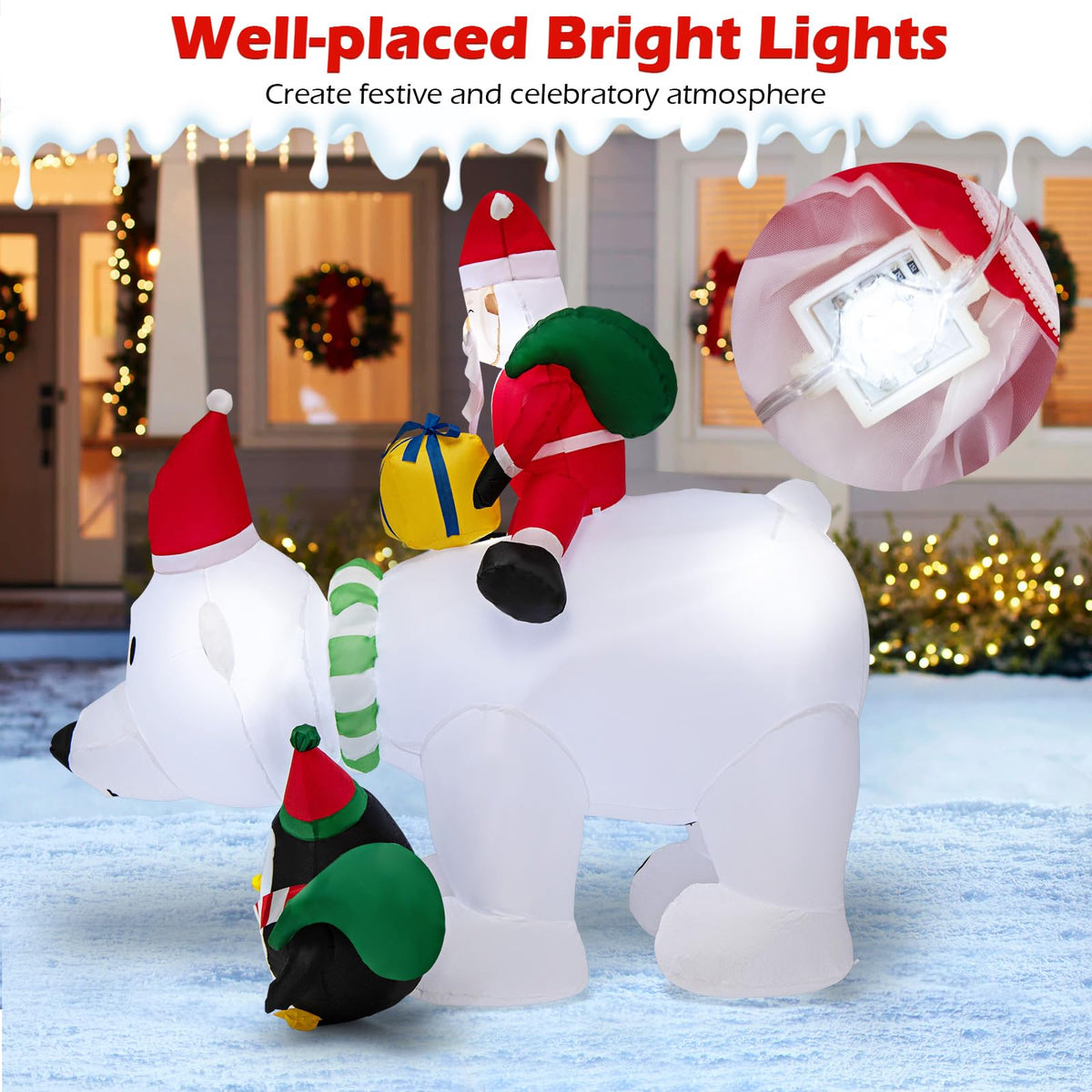 Lucktree 7FT Christmas Inflatables, LED Lighted Xmas Inflatable Polar Bear with Shaking Head, Santa & Penguin
