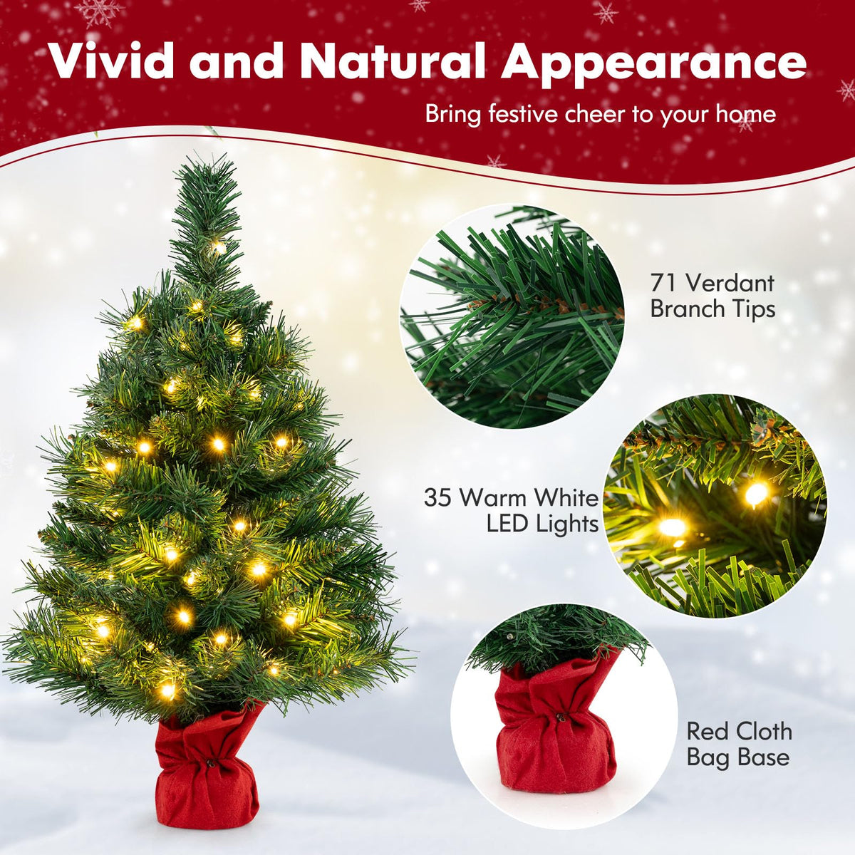 Lucktree Tabletop Battery Operated Small Fir Xmas Tree with Warm White LED Lights