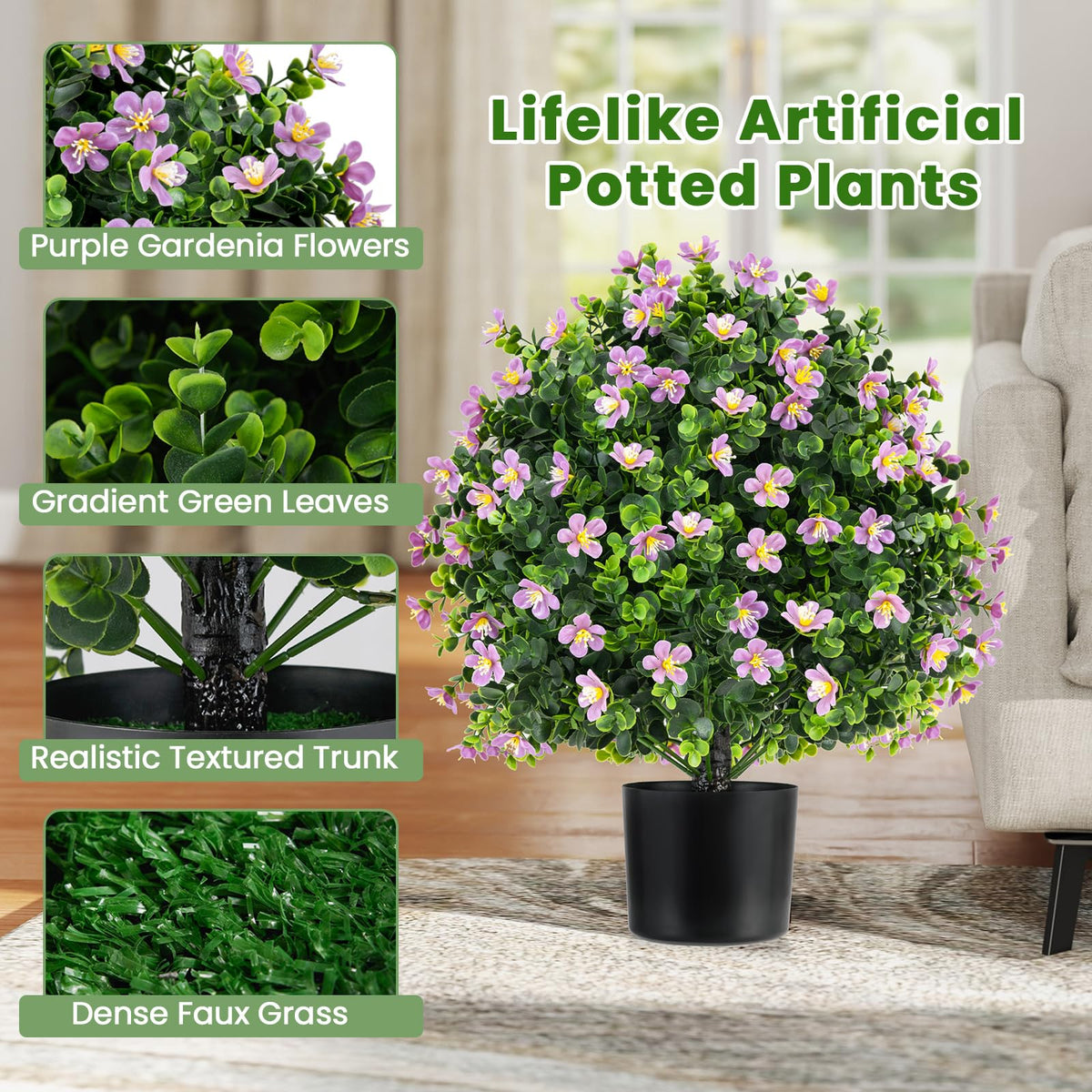 Lucktree Set of 2 Faux Potted Plants Artificial Shrubs Bushes with Flowers