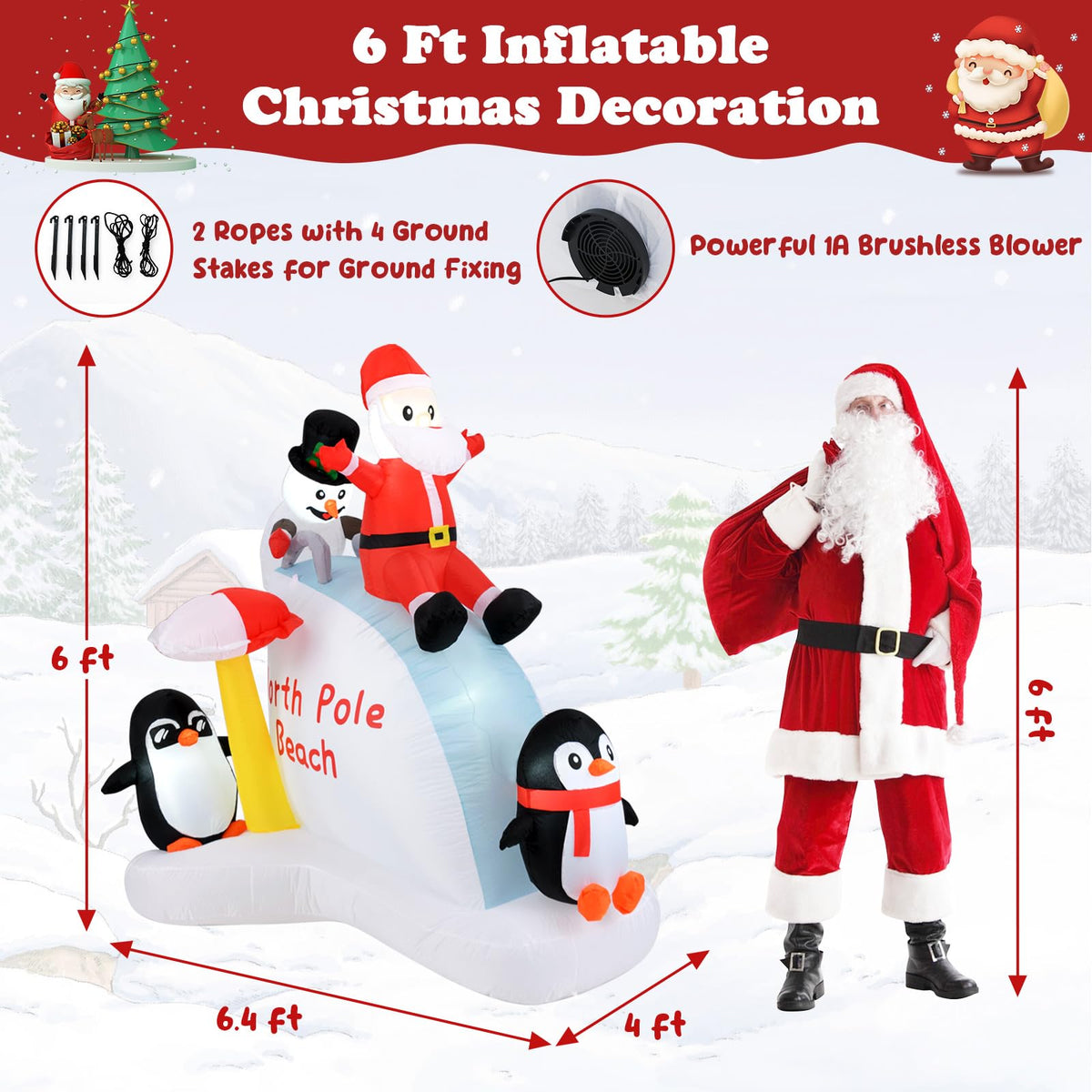 Lucktree 6.4 FT Christmas Inflatable Penguins, Santa & Snowman on Slide