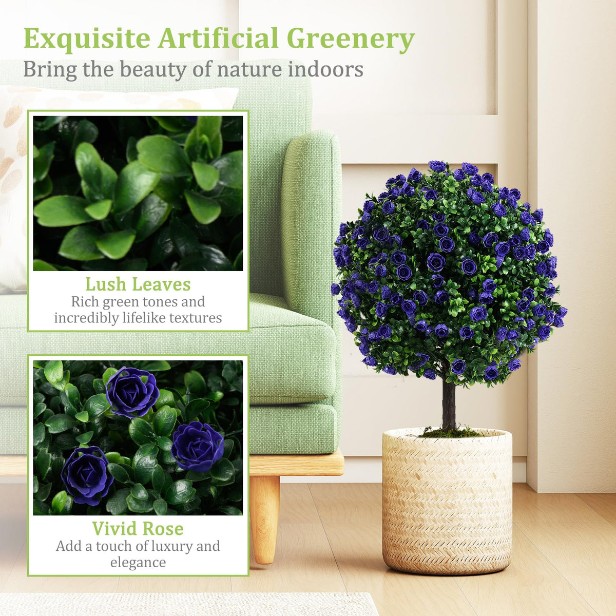Lucktree 22'' Artificial Purple Rose Topiary Ball Tree Set of 2 Faux Potted Plants Artificial Shrubs Bushes with Flowers
