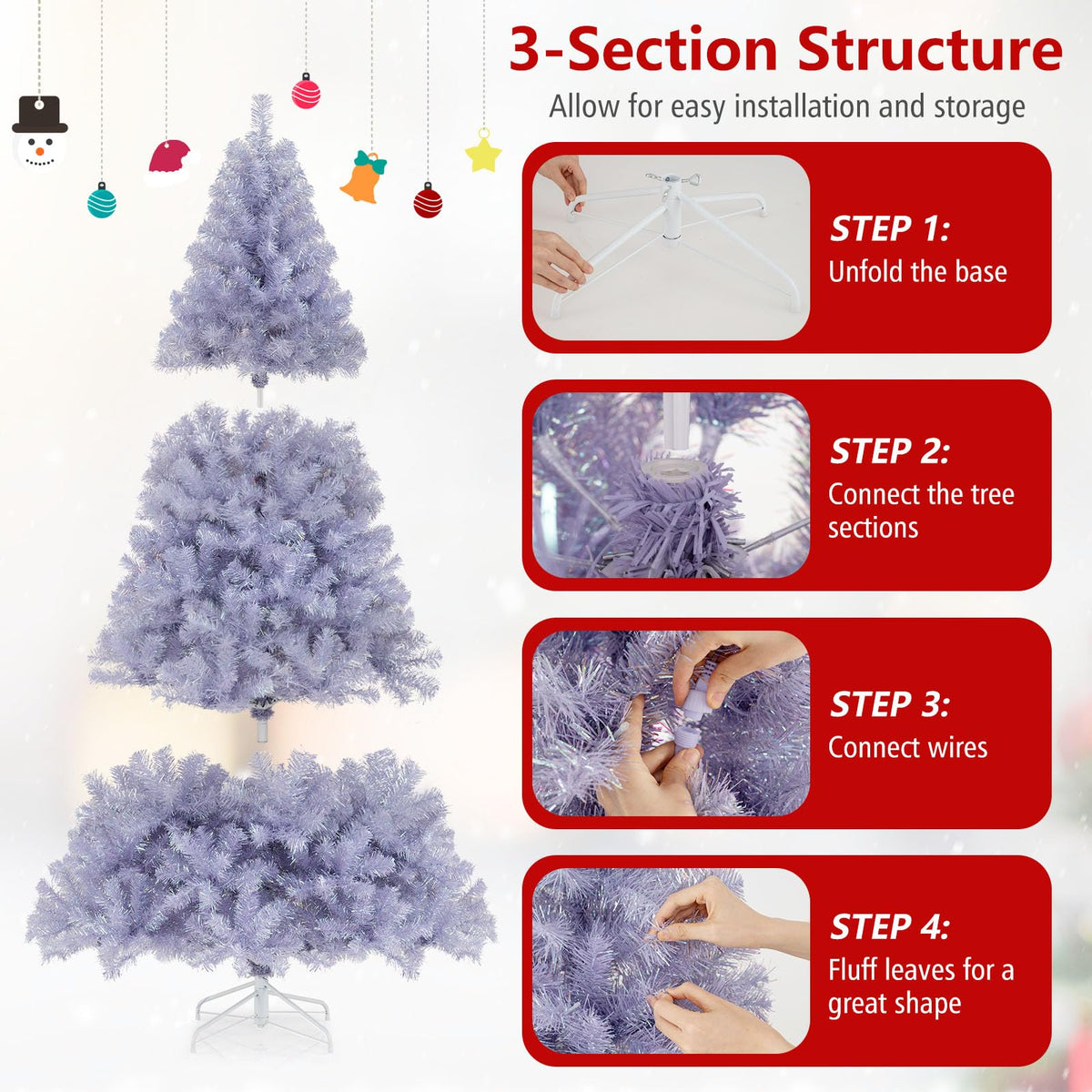 Lucktree 6FT / 7.5FT Pre-Lit Tinsel Christmas Tree with Warm White LED Lights