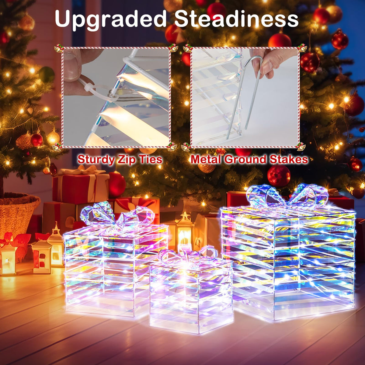 Lucktree 3 Pieces Christmas Lighted Gift Boxes, 90 LED Light up Present Boxes with Bows, Zip Ties & Ground Stakes