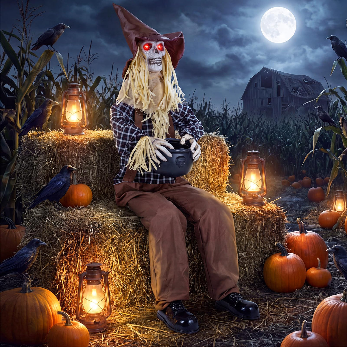 Lucktree 4.4 FT Animated Halloween Sitting Scary Scarecrow Decoration