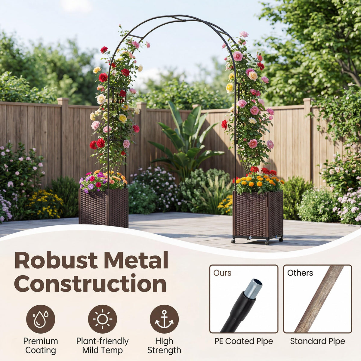 Lucktree Metal Garden Arch Trellis Arbor with 2 Self-Watering Planter Boxes