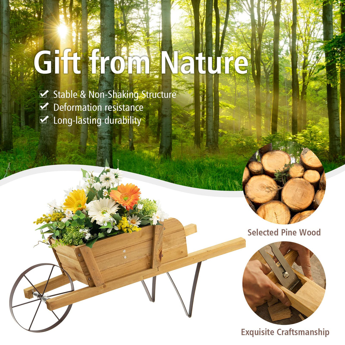 Lucktree Wooden Wagon Planter, Small Wheelbarrow Wagon Flower, Indoor & Outdoor Raised Bed