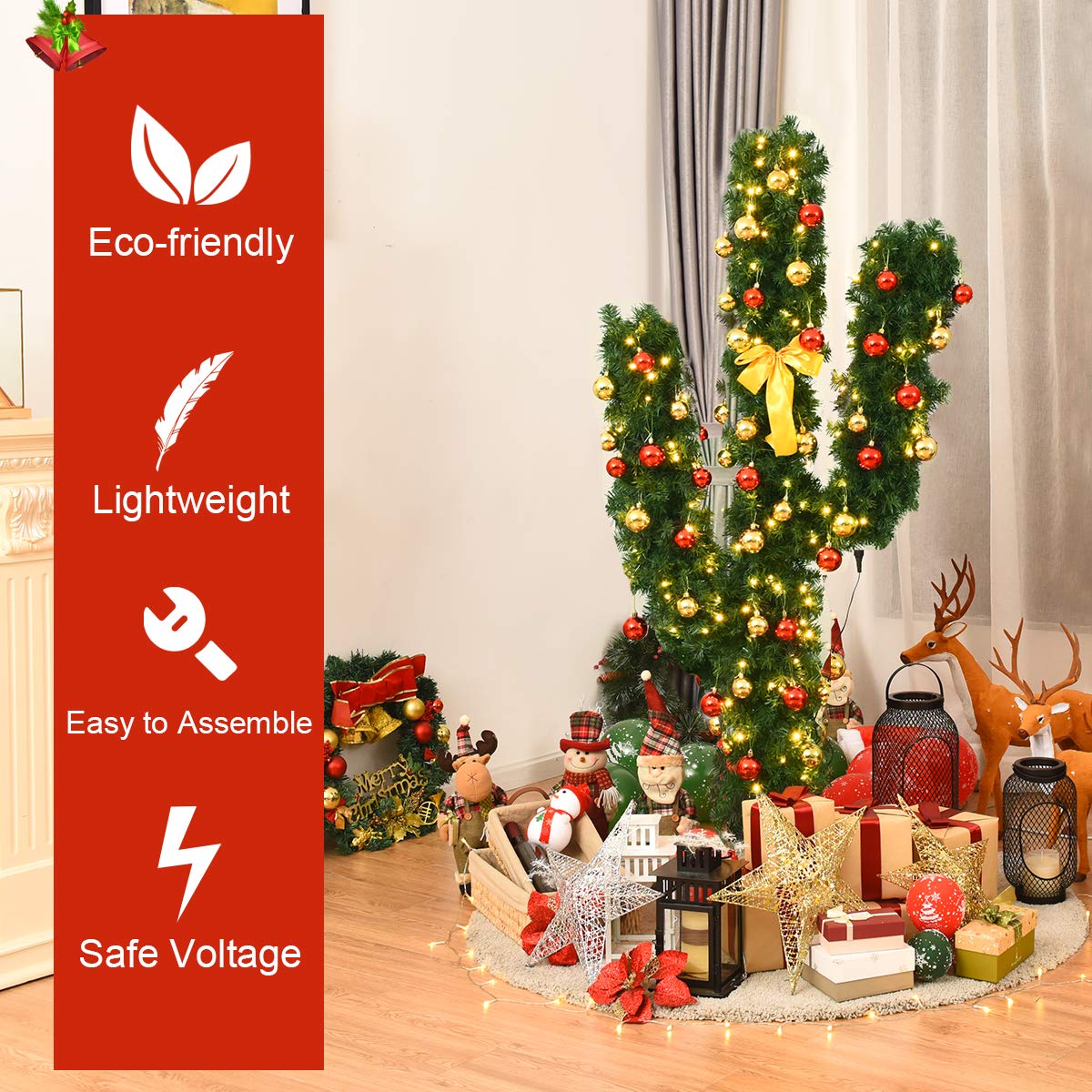 6ft Pre-Lit Artificial Cactus Christmas Tree with Sturdy Metal Stand, Artificial Xmas Tree with 90 LED Lights and Bowknot, Perfect for Home, Office, Shops and Hotels