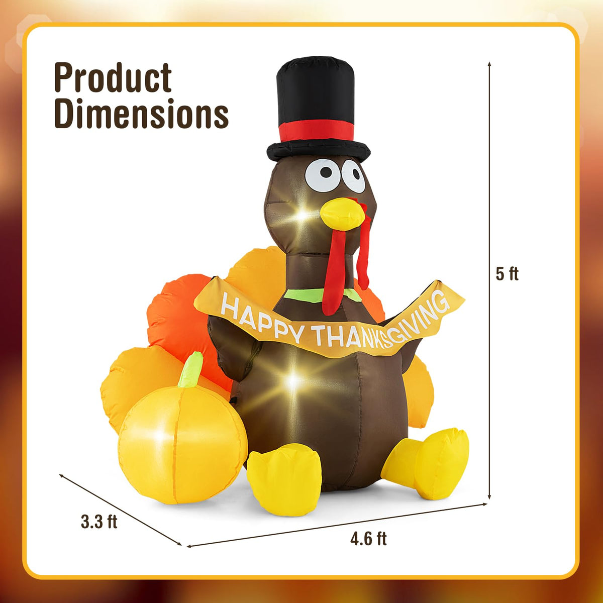 Lucktree 5 FT Thanksgiving Inflatable Turkey with Pumpkin, Blow up Decoration with LED Lights
