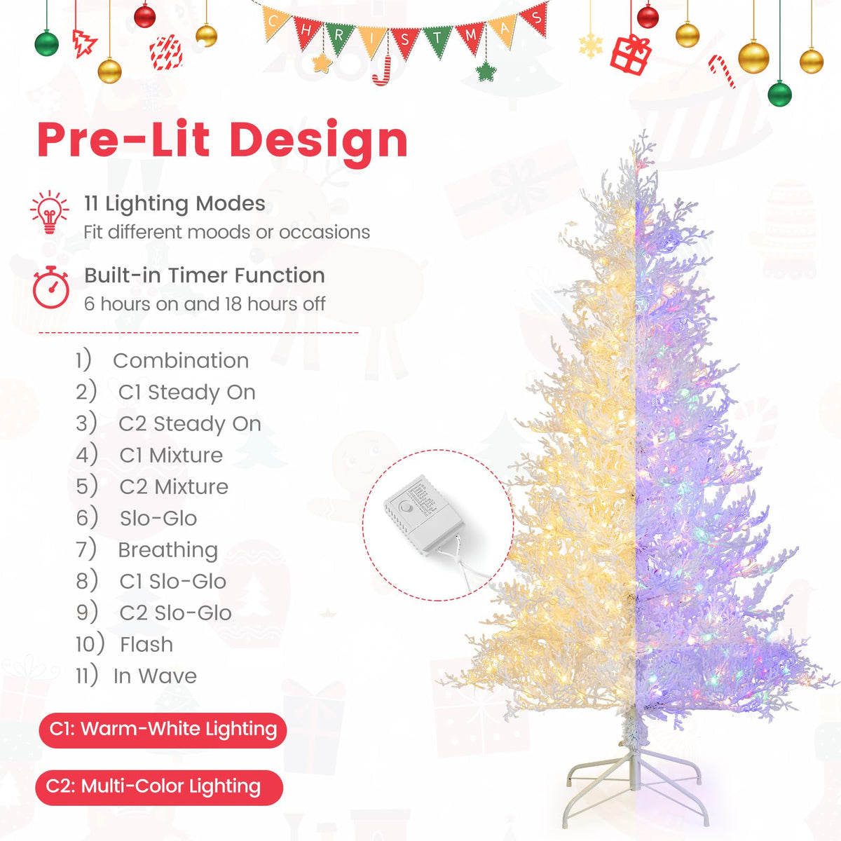 Lucktree 6ft Pre-Lit Artificial Christmas Tree with 300 Multi-Color & Warm-White Fairy LED Lights