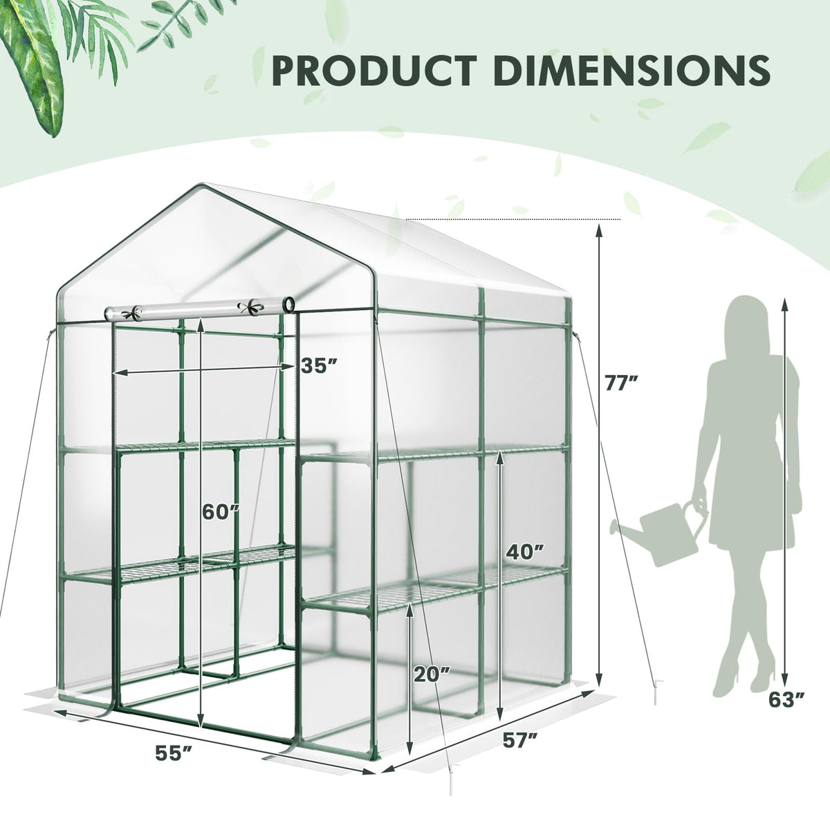 Lucktree Walk-in Greenhouse w/ 3 Tiers 4 Shelves, 4 Ground Stakes & Ropes, PVC Cover