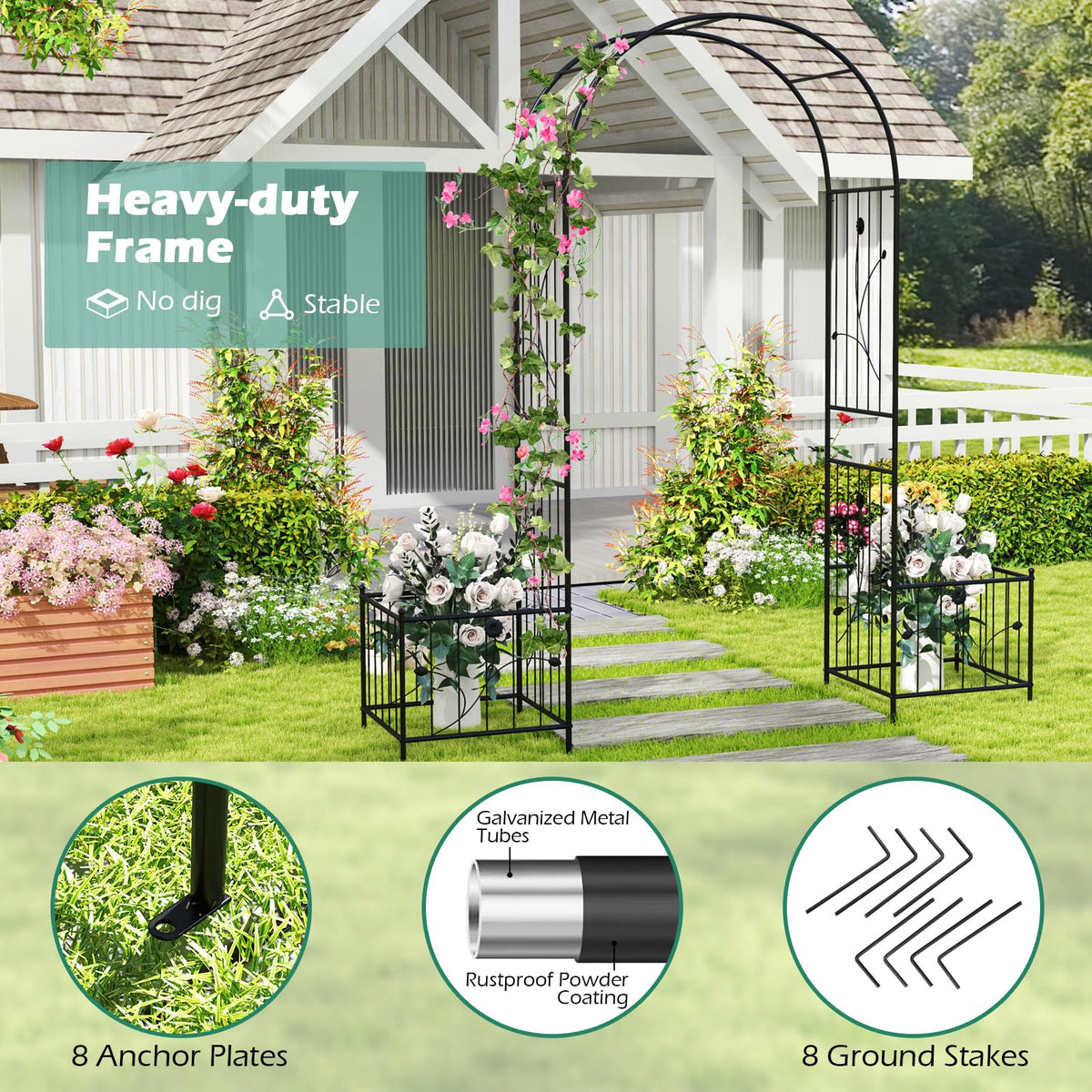 Lucktree Garden Arch Trellis with Planters, 86'' Metal Arbor Pergola for Climbing Plants Rose Clematis Vines