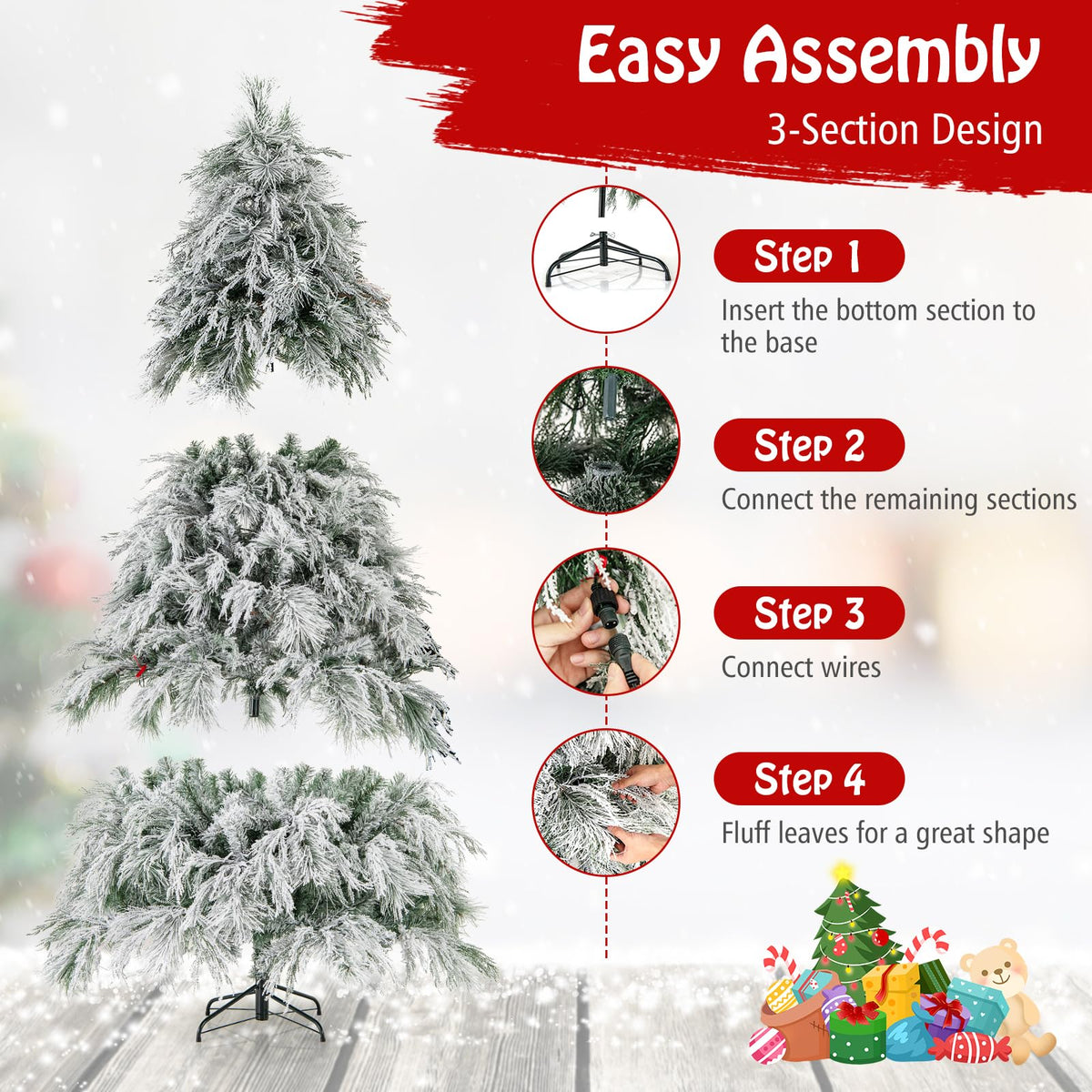 Lucktree 6ft Pre-Lit Snow Flocked Christmas Tree, Artificial Hinged Full Xmas Tree with 519 PVC & Pine Needles